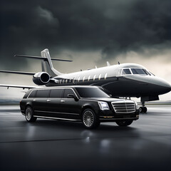 Private jet with a stretch limousine on the runway indicates travel, luxury, business and wealth. Generative ai.  - obrazy, fototapety, plakaty