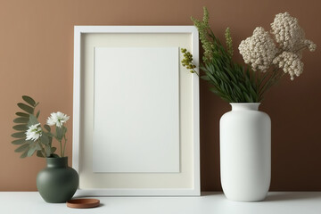 White photo frame next to brown vase. Generative AI