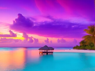 tropical island at sunset