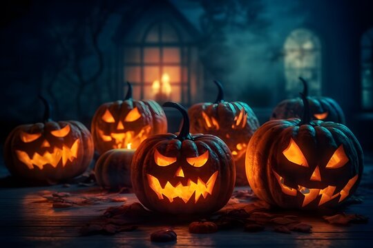 Halloween pumpkins on wooden background. Jack o lanterns. scary halloween pumpkins, with dark background and neon effect, fantastic. generative ai