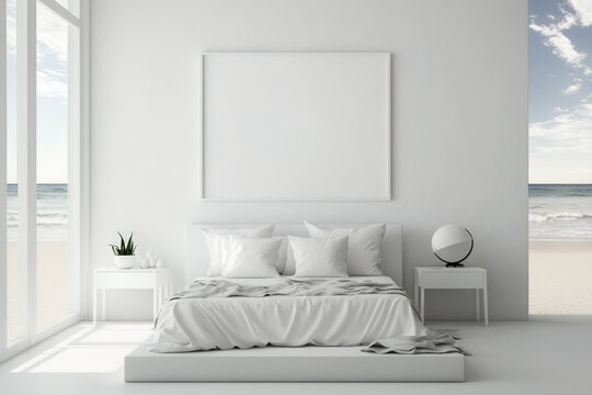 Interior poster mockup featuring a nighttime beach scene on a white wall in a minimalist bedroom, example. Generative AI