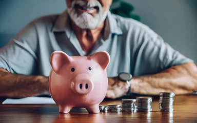 Papier Peint photo Vielles portes Saving money investment for future. Senior adult mature couple hands putting money coin in piggy bank. Old man woman counting saving money planning retirement budget. Saving investment banking concept