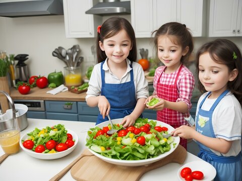  child preparing salad in kitchen