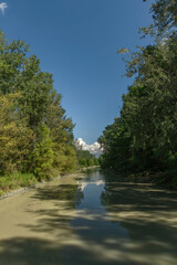 Stockgraben canal near Krems and Donau rivers in color forest of flat land