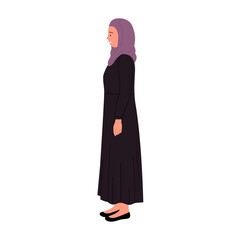 Side view of standing muslim businesswoman. Standing pose of arabic female manager in black robe cartoon vector illustration
