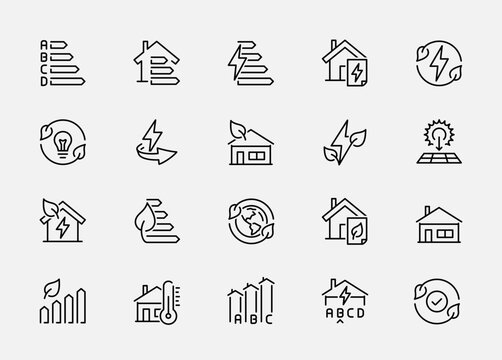 Energy Saving and Performance Vector Icon Set In Outline Style. Green Energy, Thermal Insulation, Renewable Energy and Other Icons