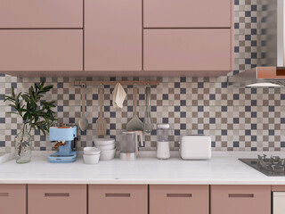 Fototapeta na wymiar Kitchen interior design, appliances, kitchenware 3d render, 3d illustration