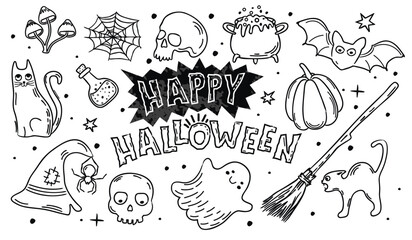 Halloween set of line objects and lettering.Hand drawn text and doodle elements.Pumpkin,bat,cats,web,spider,hat,ghost,potion, mushrooms, skull, broom.Black and white vector isolated illustration.