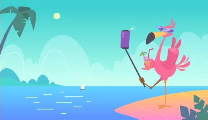 Poster Flamingo background. Tropical landscape horizon with exotic pink birds exact vector illustrations © ONYXprj