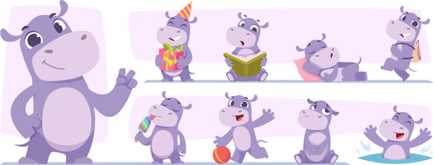Hippo. Wild hippo cute animals in different poses exact vector cartoon characters isolated