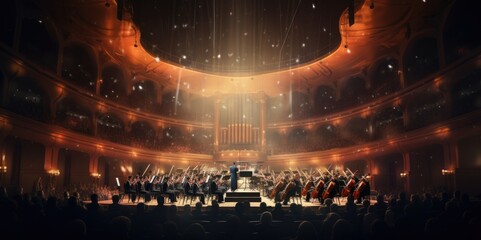 Wide-Angle Shot of Symphony Orchestra in Concert Hall, generative ai