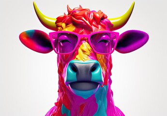 Illustration of a colorful funny figure of a cow with glasses. Figurine made of ceramics, plasticine, plastic or other material. Digital art. Illustration for design or print.