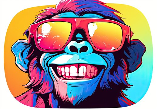 Colorful painting of gorilla. Digital art of multicolored monkey on colored background. Full muzzle view. Graffiti style. Printable design for t-shirts, mugs, cases, bags, pillows etc.