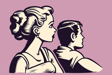 vintage cartoon illustration of a couple looking up - 643262709