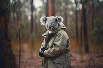portrait of happy koala wearing travel clothes