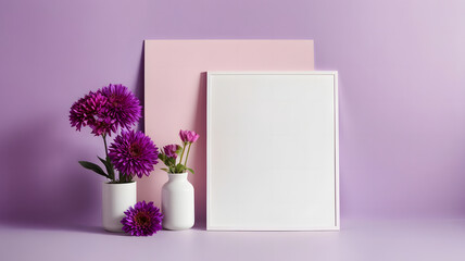 Blank White Frame Mockup on Elegant Purple Background with Delicate Floral Accent