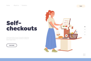 Self-checkout innovative technology in supermarket grocery shop landing page design template