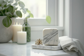 Fototapeta na wymiar An elegant stone marble tables with a towel and a soap dispenser in a modern bathroom. decorated with candles, potted plants, and flowers, with a background of a window's hazy curtain. Generative AI