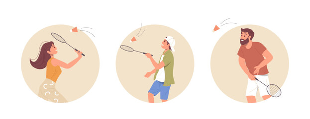 Isolated round composition with happy people cartoon character with racket playing badminton