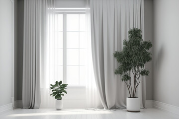 Fototapeta na wymiar Interior of a contemporary empty room with curtains, plants, and heating batteries. Generative AI