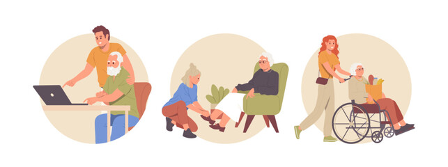 Isolated set of round composition icon with young people helping and taking care of pensioner