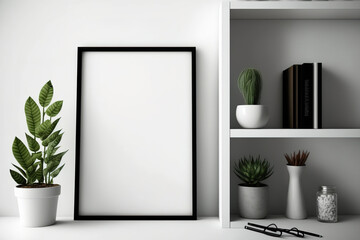 Vertical mockup frames are on a shelf. A4 format. Generative AI