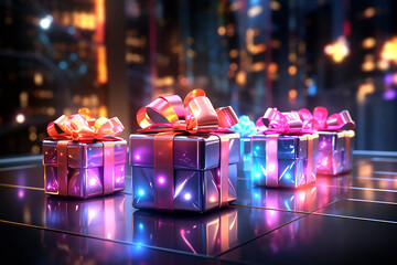 Purple neon gift boxes with pink bow. Generative AI