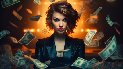 A striking young woman with cropped locks gazes directly into the lens, exuding a blend of confidence and rebellion. Surrounded by floating currency notes, she becomes the epitome of modern audacity m - obrazy, fototapety, plakaty