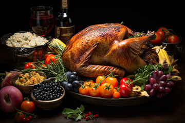 Festive table set for thanksgiving dinner with baked turkey