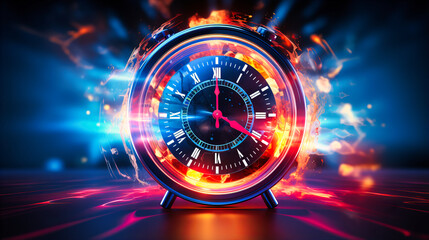 Abstract neon clock hands ticking in luminescent space - obrazy, fototapety, plakaty
