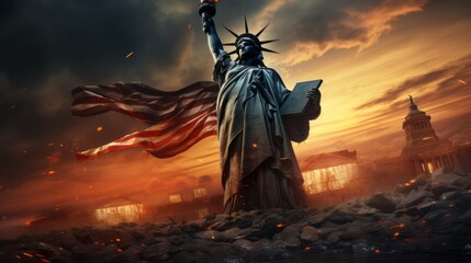 ILLUSTRATION OF THE STATUE OF LIBERTY IN NEW YORK, USA WITH A DRAMATIC BACKGROUND - obrazy, fototapety, plakaty