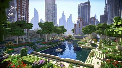a city with lots of plants and flowers in the foreground area, surrounded by tall skyscrapers on either side