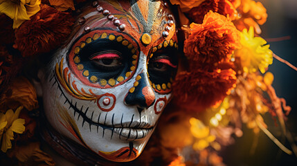 A close-up of a person's face with traditional calavera (skull) makeup, including flower and skull designs, Day of the Dead, skull