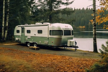 an rv parked on the side of a road next to a body of water with pine trees in the background
