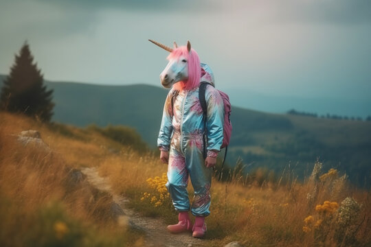 happy unicorn wearing travel clothes on vacation