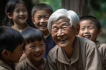 Asian Grandmother's Joy: Surrounding Laughter as Smiling Children Share Heartwarming Moments of Togetherness, ai generative