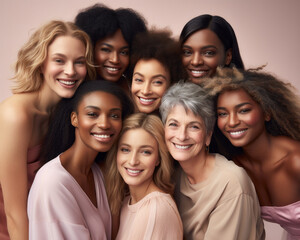 Beauty and unity, this diverse group of beautiful women of all skin tones and races together posing in the skin care ad campaign. A multiracial diverse group of women, inclusivity body positivity. 