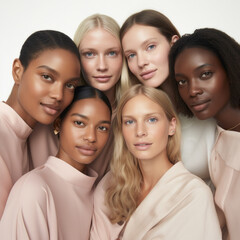 Obraz premium Beauty and unity, a diversety group of beautiful women of all skin tones and races together posing in the skin care ad campaign. A multiracial group of women, inclusivity face body positivity