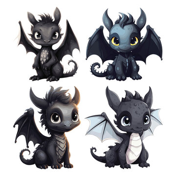 Set of Cute Black Dragon Vector Illustration