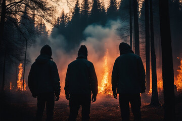 arson pyromaniacs giving fire to forest at sunset, smoke and fire getting bigger and taller.