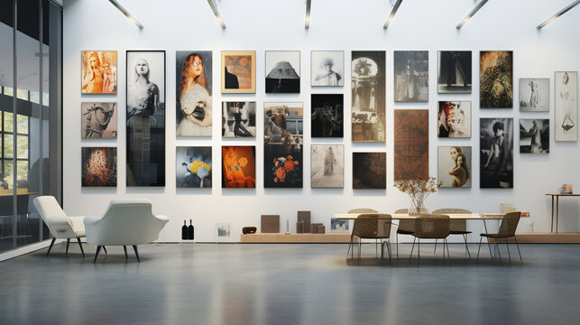 Gallery Wall Presentation: A room with a gallery-style wall showcasing design concepts, emphasizing the artistic aspect of the briefing. Designers Briefing, atmosphere of art and m
