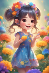 Fototapeta premium A beautiful Artwork Little Girl with Flowers in Her Hair , ai generated
