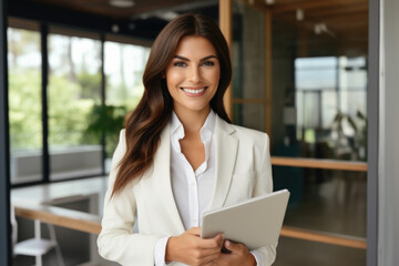 Woman dressed in white suit holding tablet computer. This image can be used in various business and technology-related projects.