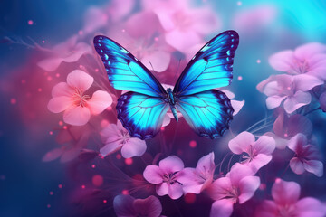 Beautiful blue butterfly perched on top of vibrant pink flowers. This image captures delicate and vibrant beauty of nature. Perfect for use in nature-themed designs and projects.