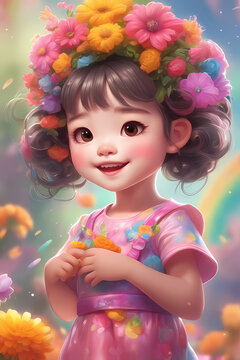 A beautiful Artwork Little Girl with Flowers in Her Hair , ai generated