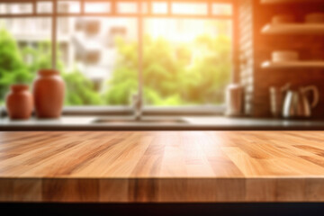 Kitchen space with kitchen utensils in blur and wooden table in foreground. Essence of warm and functional kitchen, making it choice for kitchen and culinary designs, interior decor concepts.
