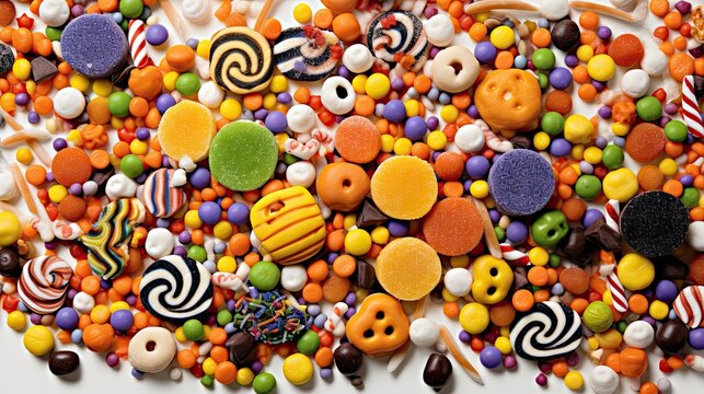 many different types of candis, candy and candis on a white surface with copy space in the center