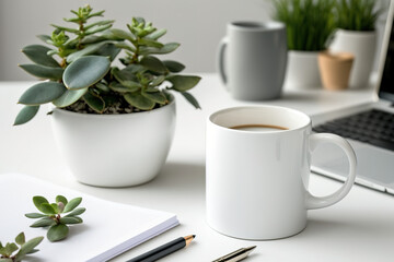 A contemporary green desktop featuring waste-free stationery and a replica of a white mug. a comfortable workspace, the idea of a sustainable lifestyle. Generative AI