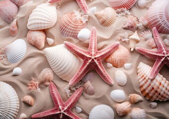 starfishs and seashells on the beach in florida, usa
