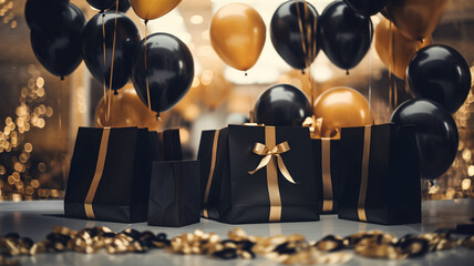 shopping bags, ribbons, gold and black, for black friday, weddings, birthday, christmas, fancy, luxury, golden balloons in the background, premium look, fancy gift bags, rich